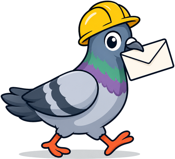 The PlanPigeon mascot, a pigeon in a hard hat carrying a letter